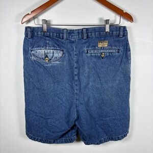 Izod Mens Blue Denim Pleated Shorts Medium Wash Cotton Size 34 Vintage Style